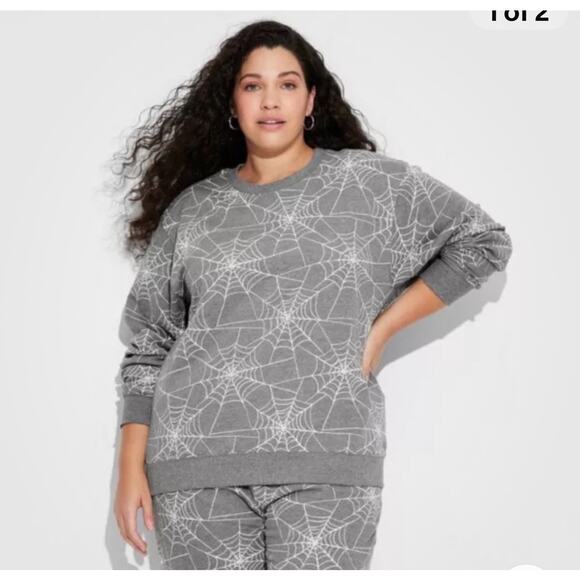 Doe | Women's Spiderweb Print Halloween Graphic Sweatshirt Gray Crew Neck Sz XL - Picture 1 of 4